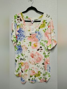 LuLaRoe Cream Floral V-Neck Top with Pink & Blue Blooms